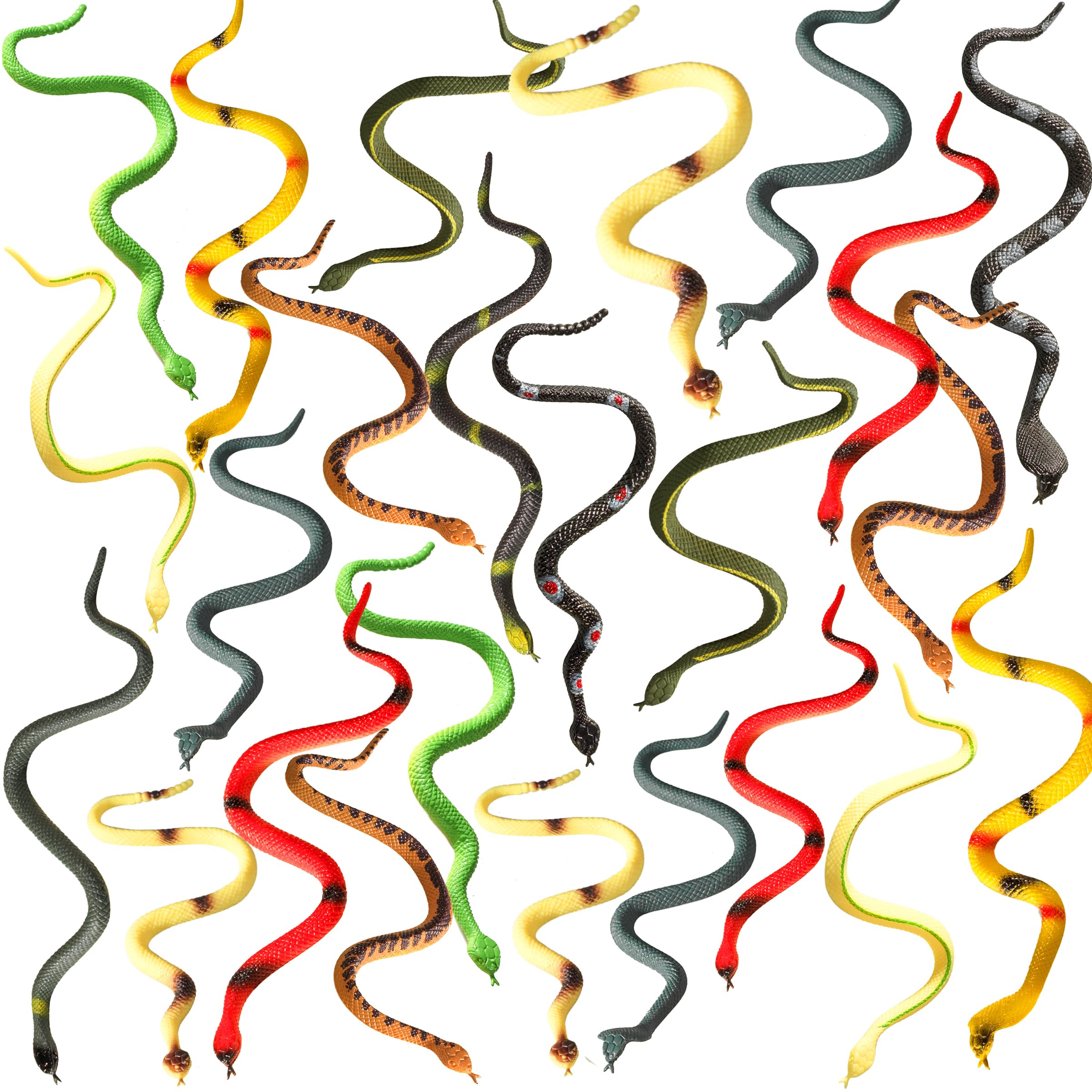Mini 6-Inch Rubber Snakes - (Pack of 24) Rain Forest Toy Snake Set, Assorted Plastic Fake Snake Toys for Kids, Party Decorations, Favors, Halloween Decor, Pranks and Keep Birds Away